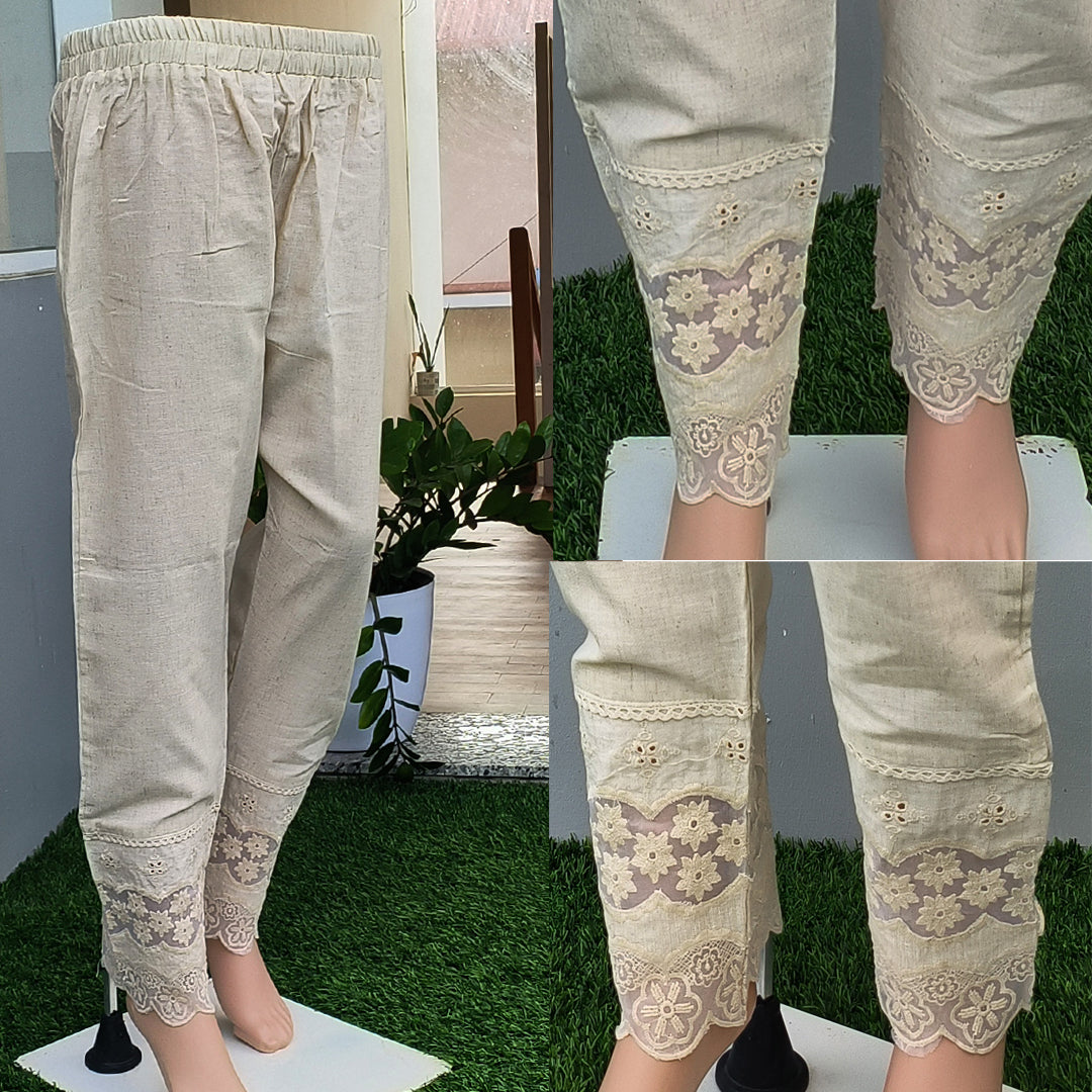 Women's Beige Khadi Cotton Bottom with Lace Detailing