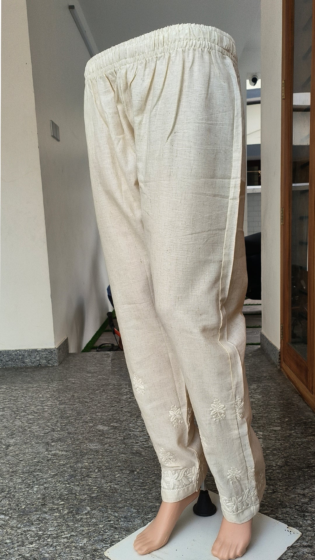 Women's Machine Chikan Cotton Trousers Beige