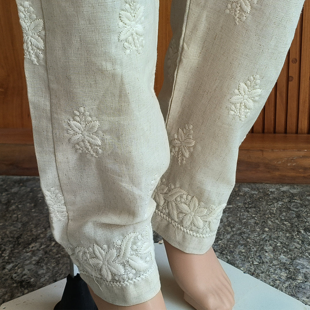 Women's Machine Chikan Cotton Trousers Beige