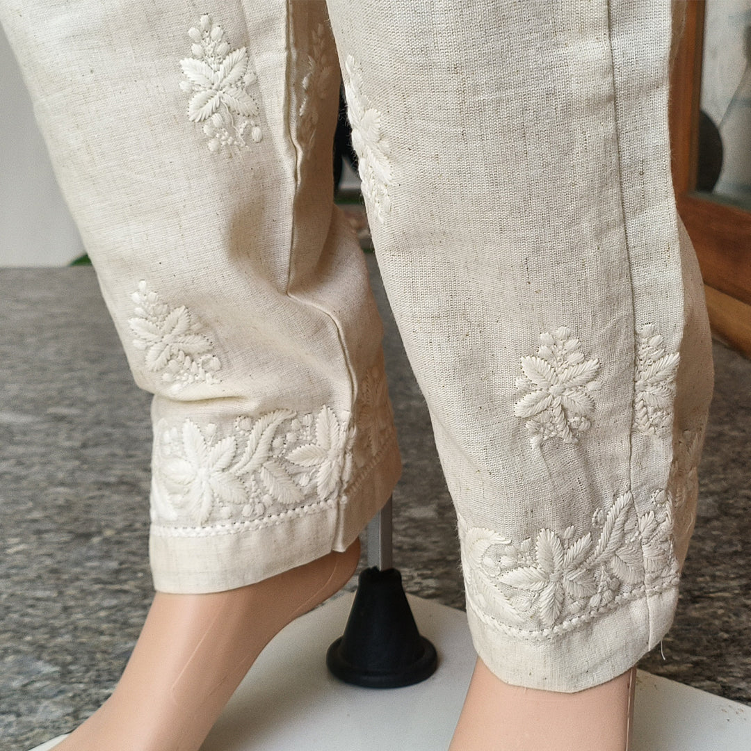 Women's Machine Chikan Cotton Trousers Beige
