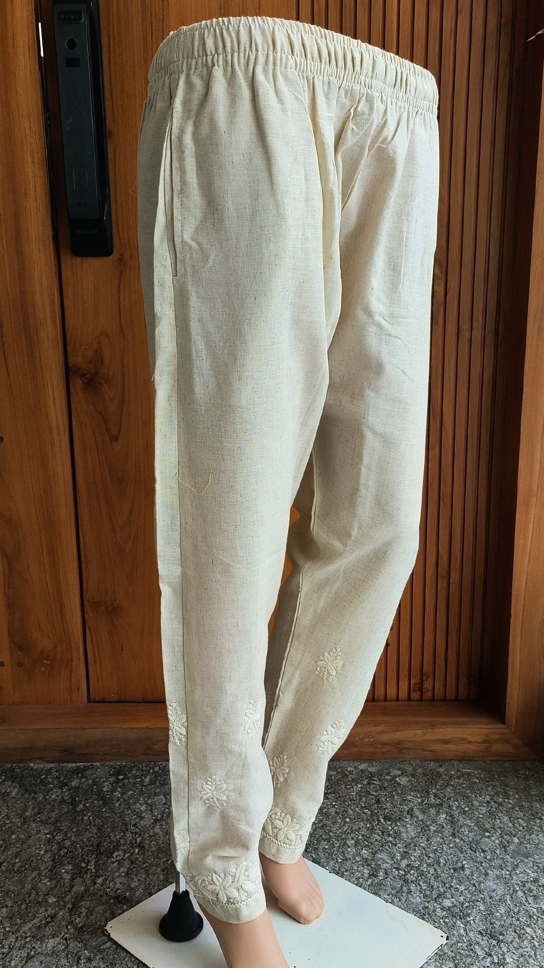 Women's Machine Chikan Cotton Trousers Beige
