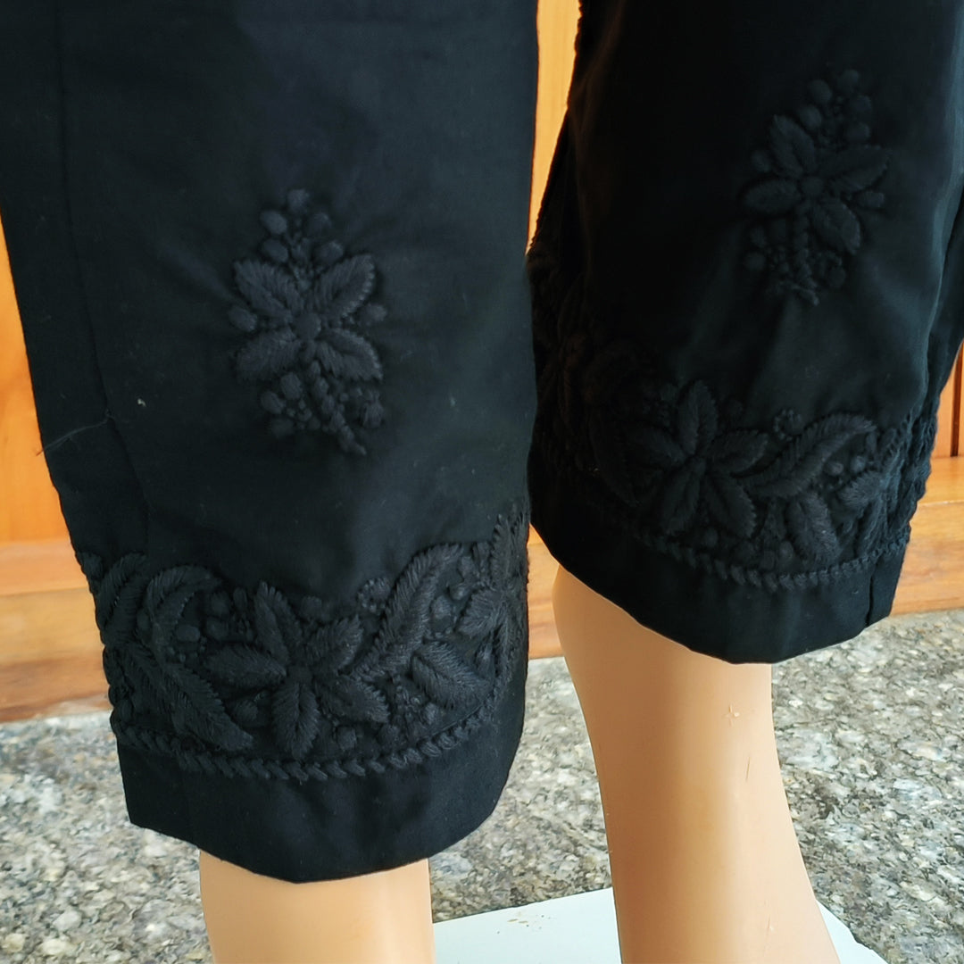 Women's Machine Chikan Cotton Trousers Black