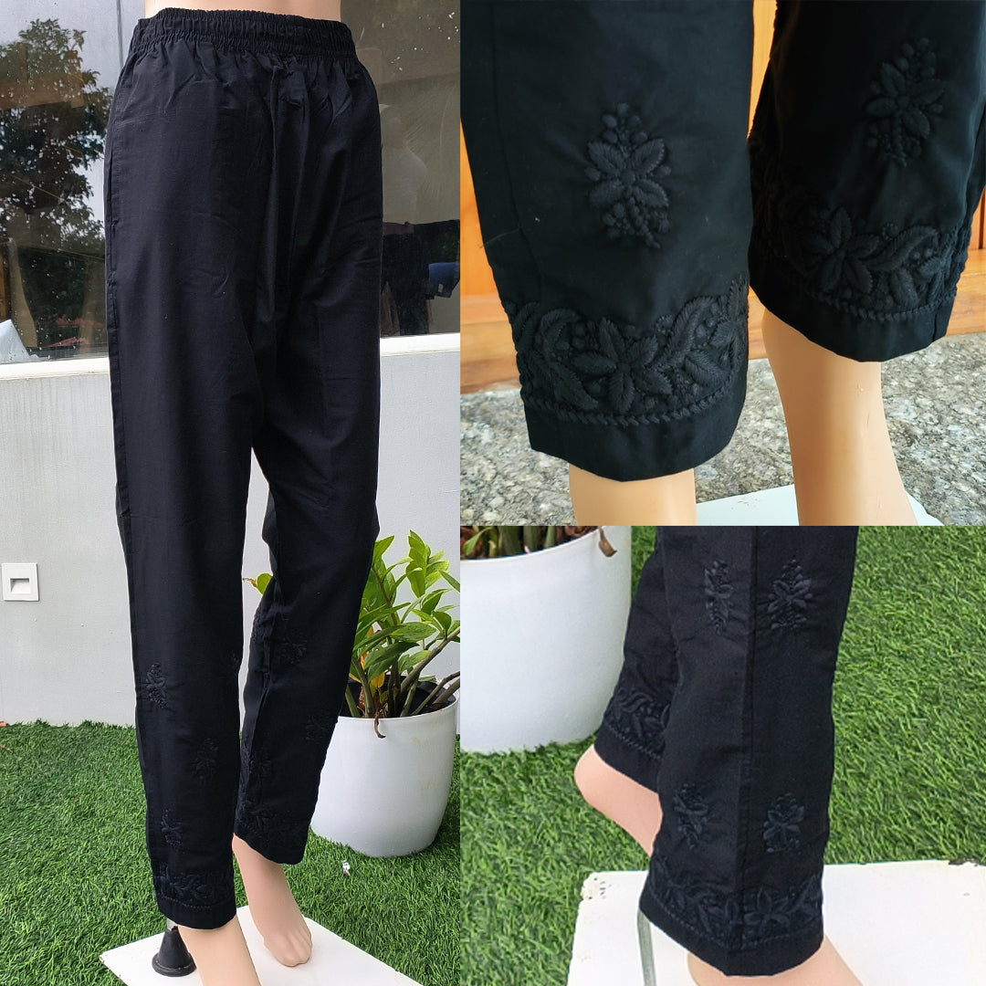 Women's Machine Chikan Cotton Trousers Black