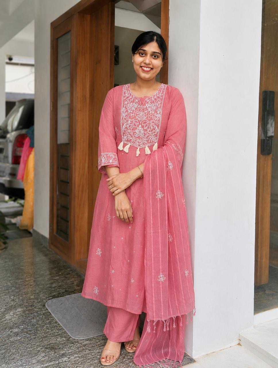 Premium Mul Chanderi Kantha Embroidered 3-Piece Kurta Set | Elegant Kurta, Pant & Dupatta