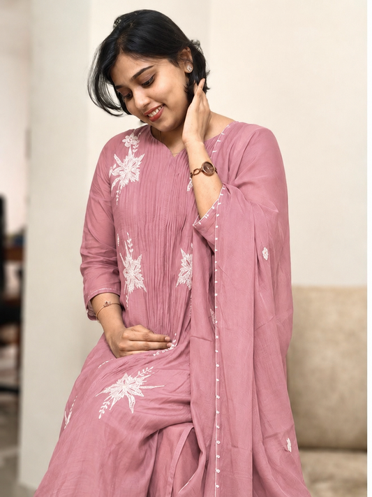 Elegant Pink Surat Chanderi Embroidered 3 Piece Salwar Set