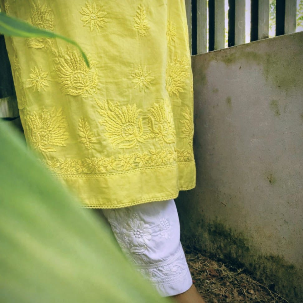 Pure Mull Cotton Chikankari Kurti – Lemon yellow(Top & Bottom)