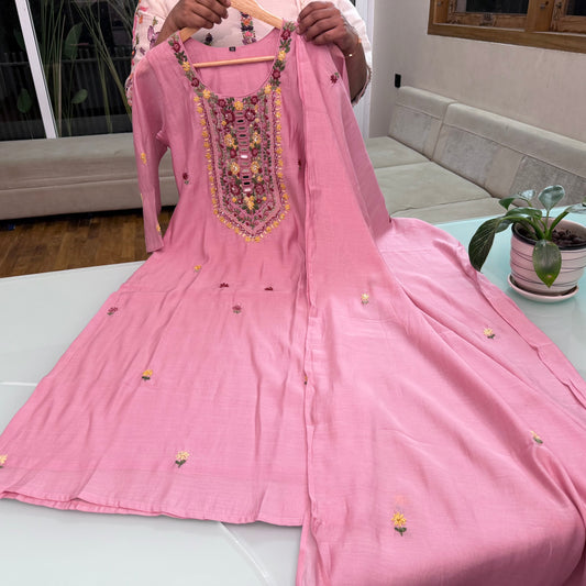 Premium Surat Chanderi Handwork Neck 3 Piece Set – Elegant Pink