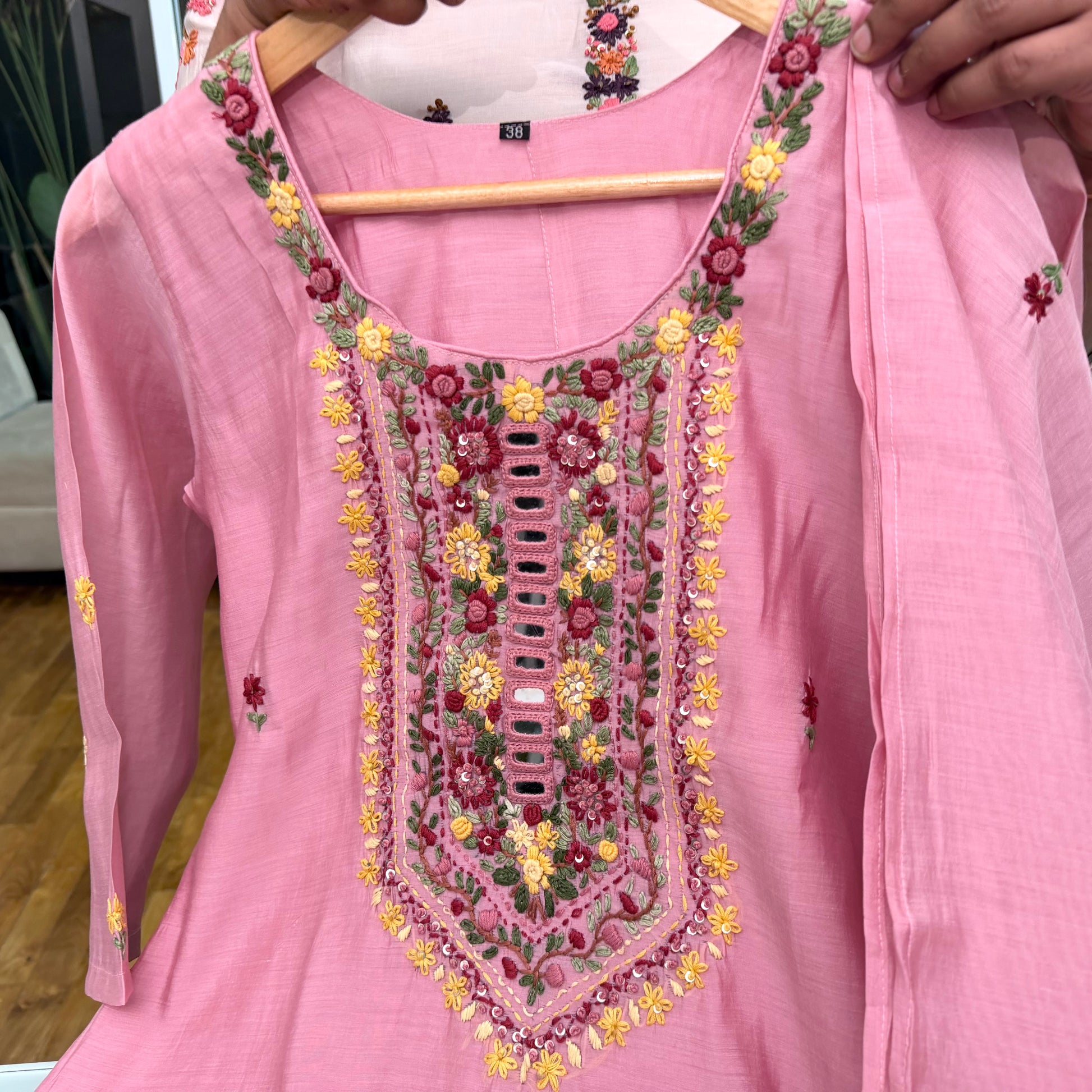 Premium Surat Chanderi Handwork Neck 3 Piece Set – Elegant Pink – IZRA  FASHION HUB