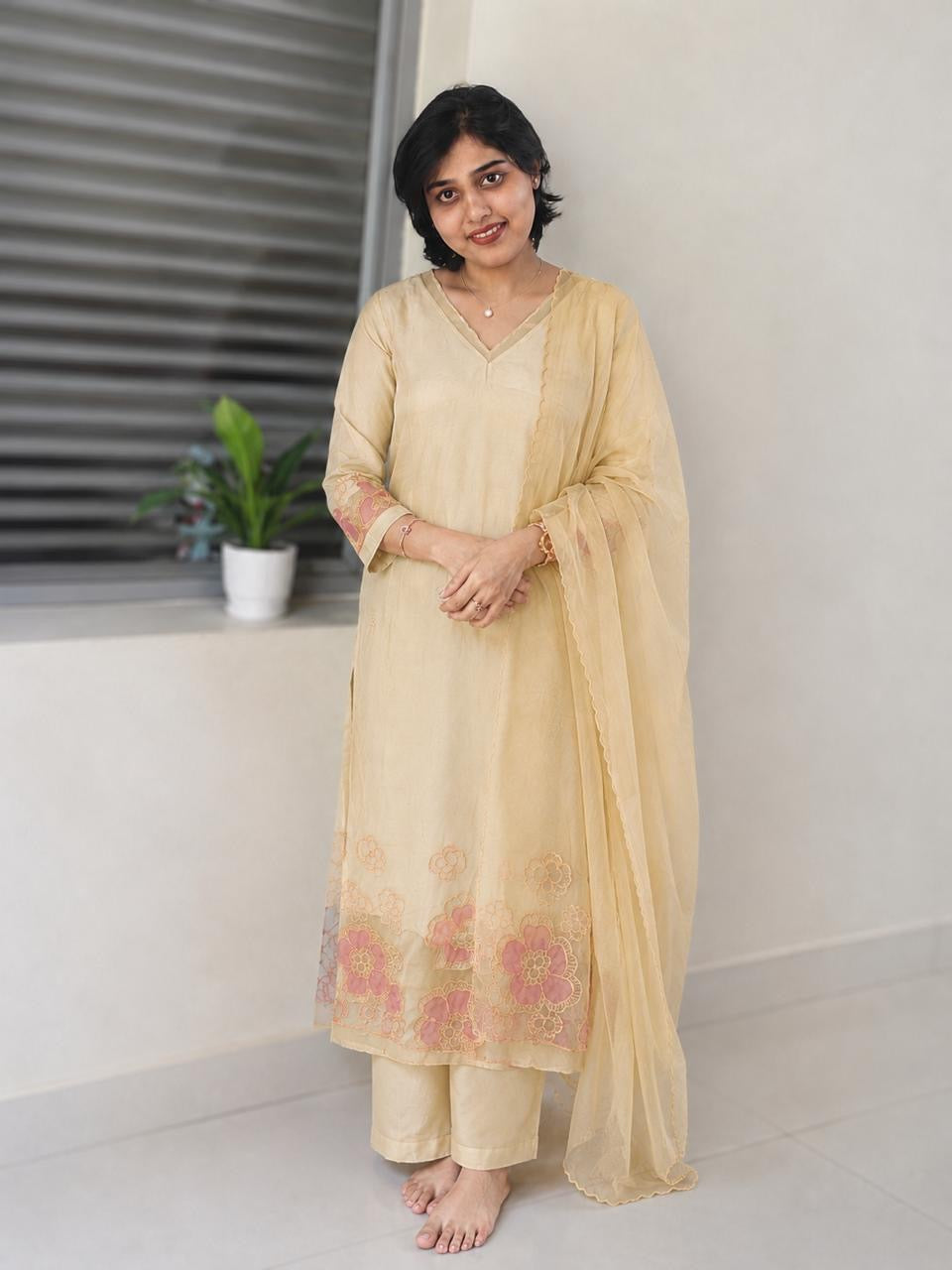 Premium Russian Silk Appliqué Embroidered 3-Piece Kurta Set | Designer Kurta, Pant & Dupatta