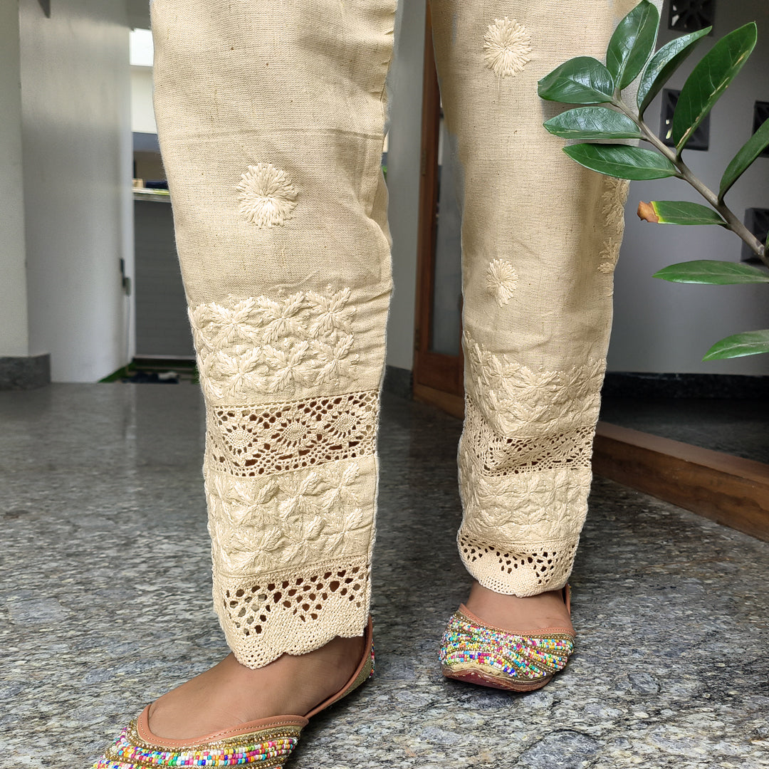 Women's Lucknow Chikan Cotton Trousers Beige