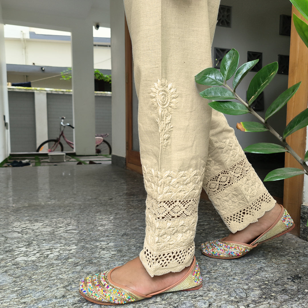 Women's Lucknow Chikan Cotton Trousers Beige
