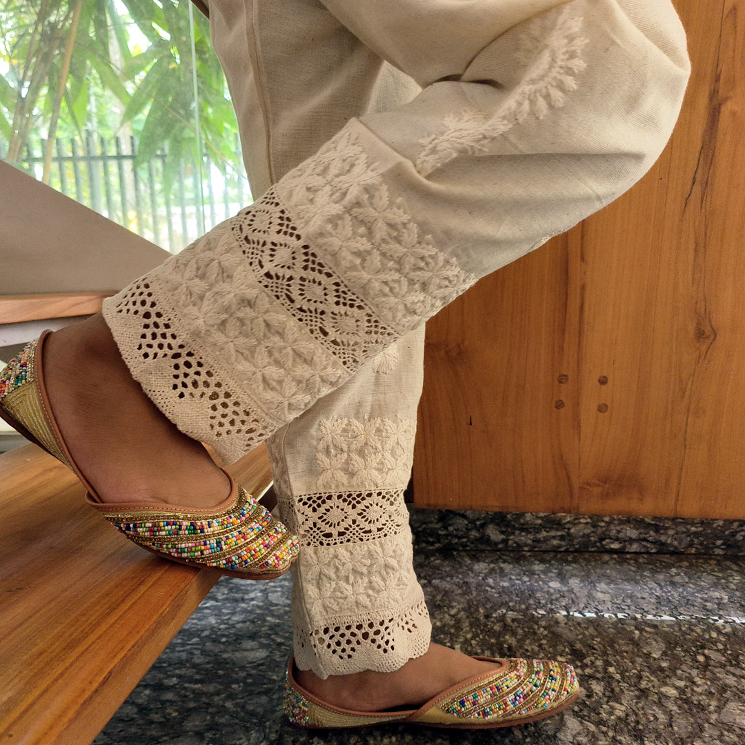 Women's Lucknow Chikan Cotton Trousers Beige