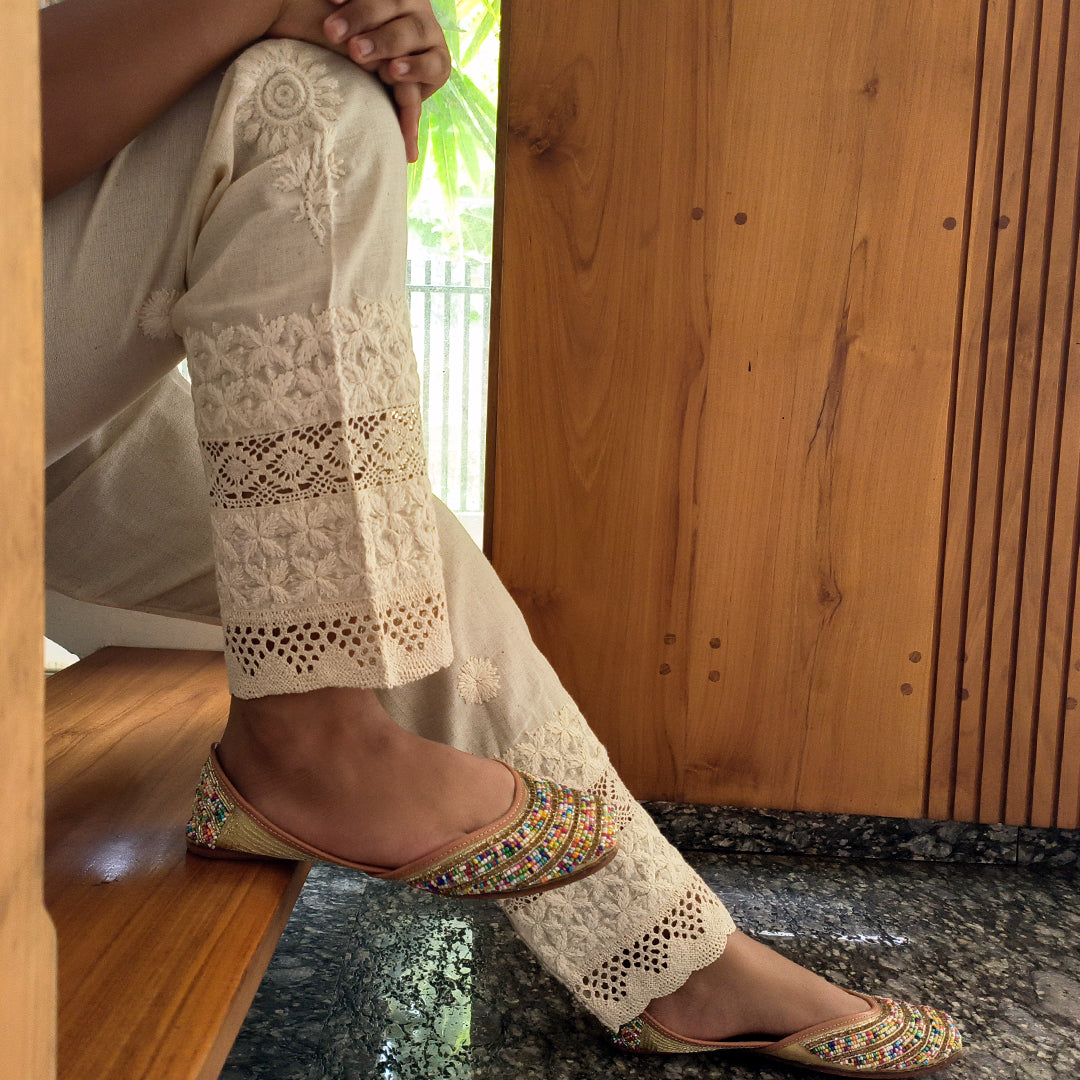 Women's Lucknow Chikan Cotton Trousers Beige