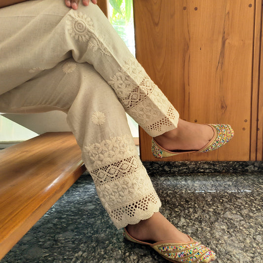 Women's Lucknow Chikan Cotton Trousers Beige