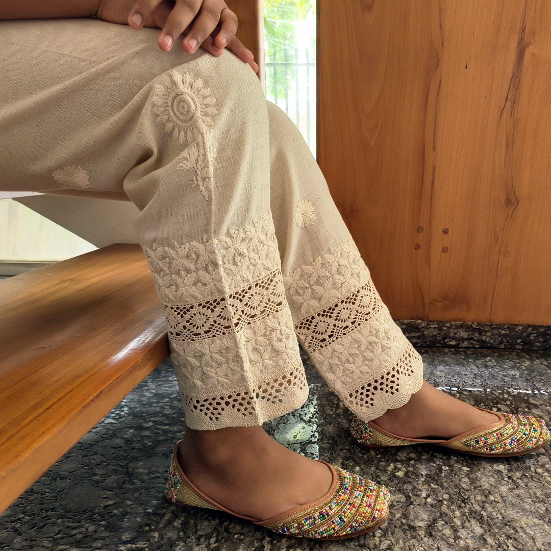 Women's Lucknow Chikan Cotton Trousers Beige