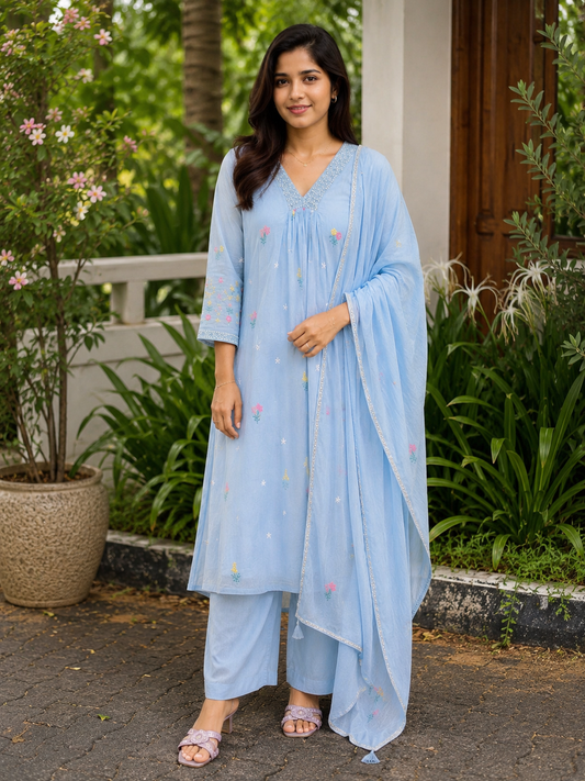 Premium Mul Chanderi Embroidered 3-Piece Kurta Set | Elegant Kurta, Pant & Dupatta
