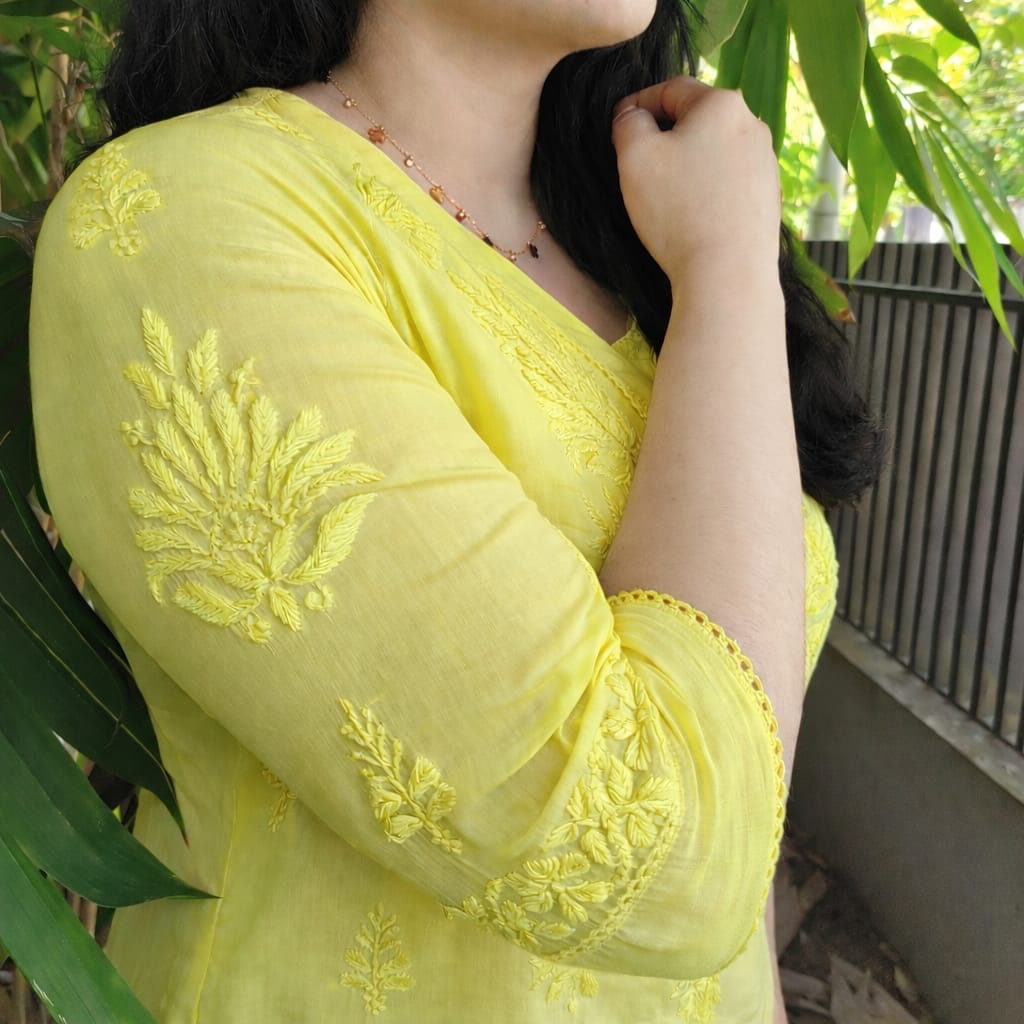 Pure Mull Cotton Chikankari Kurti – Lemon yellow(Top & Bottom)