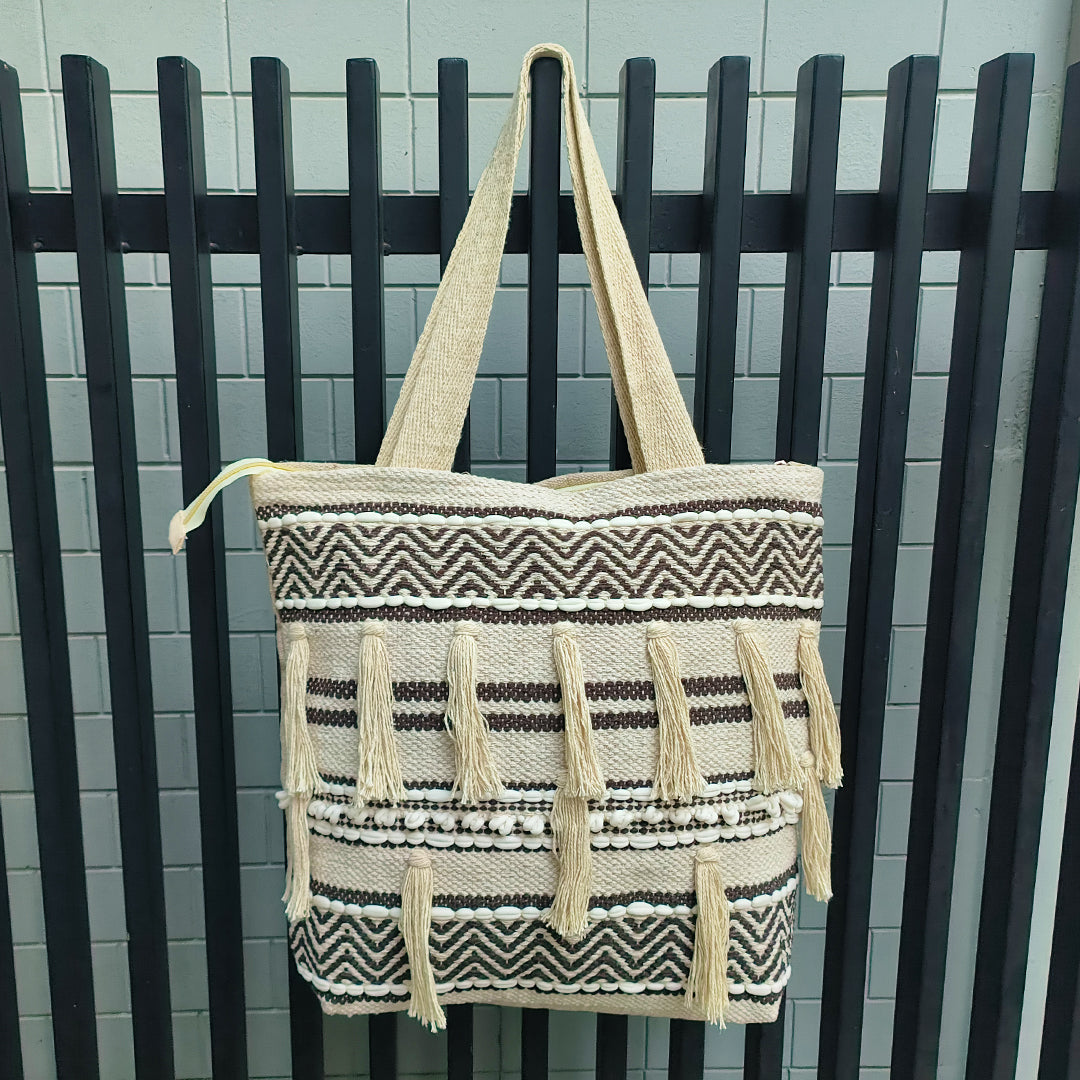 Handwoven Boho-Chic Shoulder Big Bag with Fringe Detailing Brown