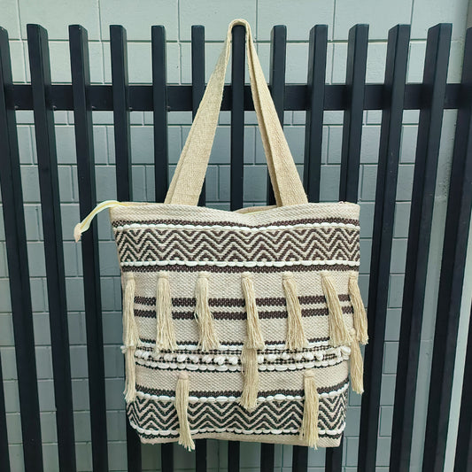 Handwoven Boho-Chic Shoulder Big Bag with Fringe Detailing Brown