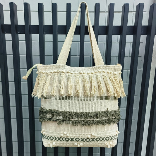Handwoven Boho-Chic Shoulder Big Bag with Fringe Detailing Brown & Olive Green
