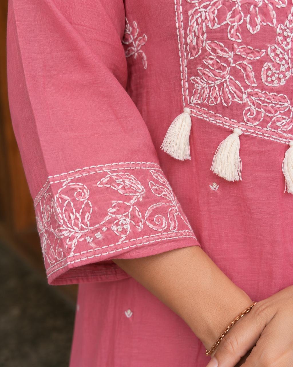 Premium Mul Chanderi Kantha Embroidered 3-Piece Kurta Set | Elegant Kurta, Pant & Dupatta