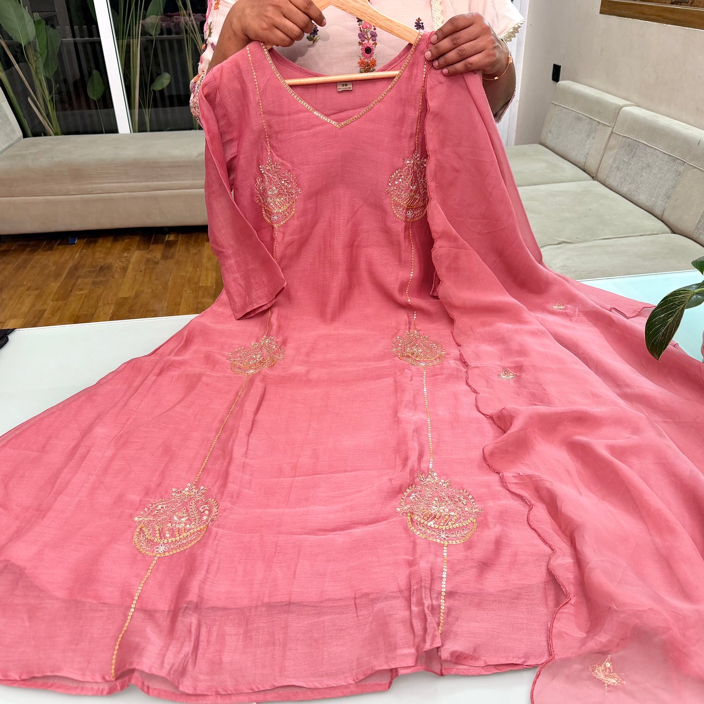 Premium Mal Chanderi Embroidered 3 Piece Set – Elegant Rose Pink