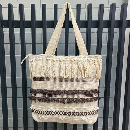 Handwoven Boho-Chic Shoulder Big Bag with Fringe Detailing Brown & Olive Green