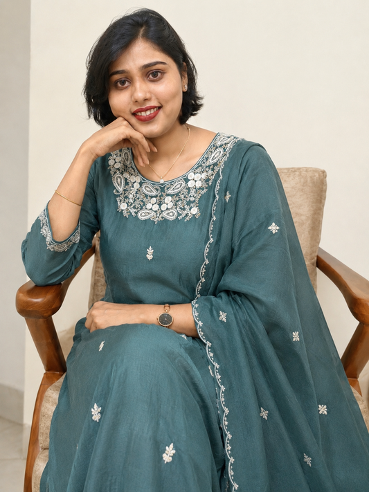 Premium Russian Silk Intricate Embroidered 3-Piece Kurta Set | Elegant Kurta, Pant & Dupatta