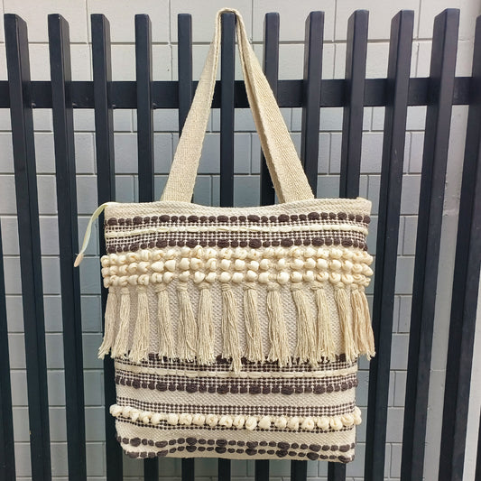 Handwoven Boho-Chic Shoulder Big Bag with Fringe Detailing Brown & Black
