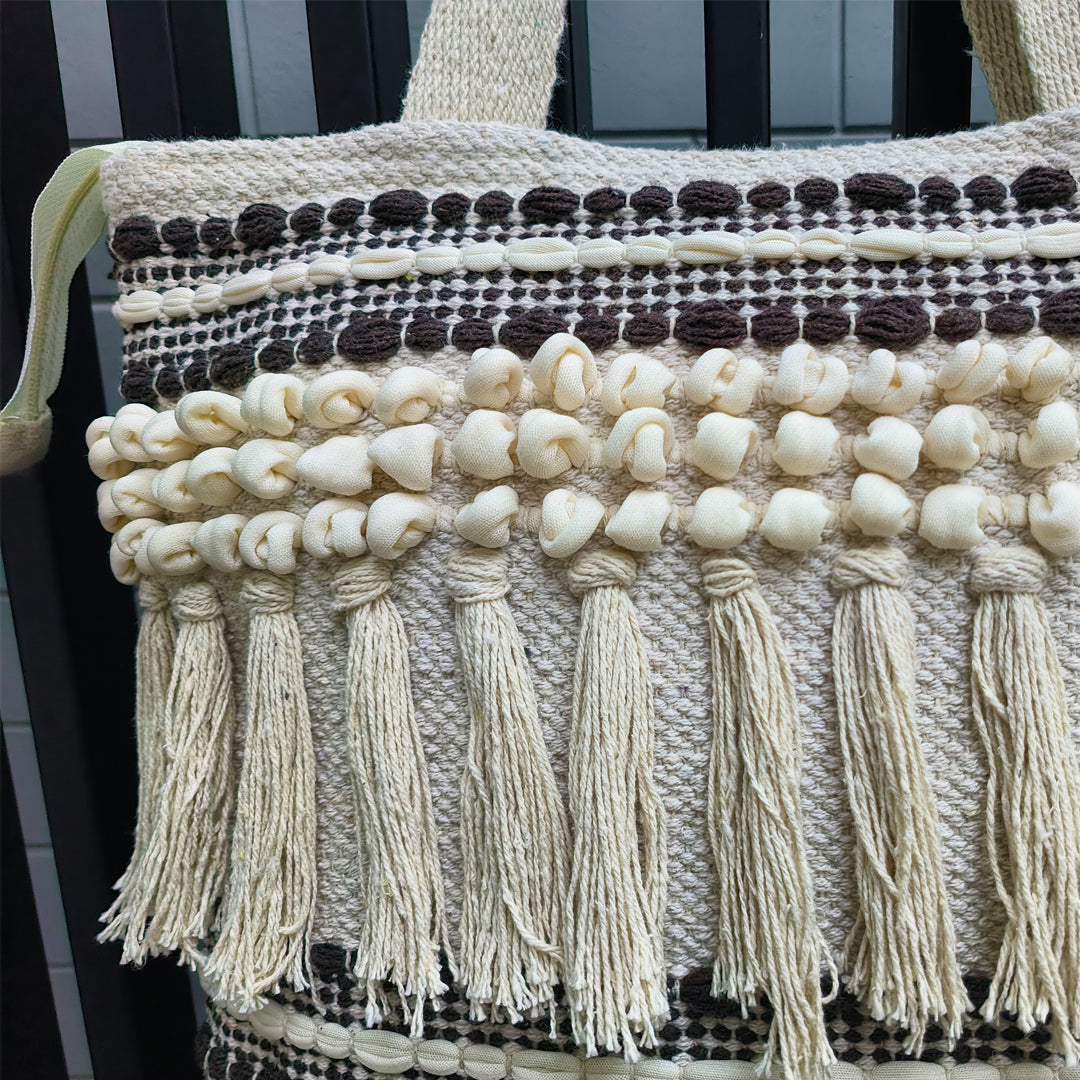 Handwoven Boho-Chic Shoulder Big Bag with Fringe Detailing Brown & Black