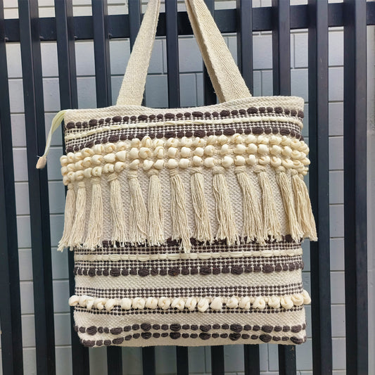 Handwoven Boho-Chic Shoulder Big Bag with Fringe Detailing Brown & Black