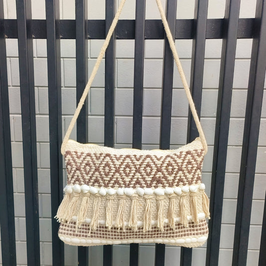 Handwoven Boho-Chic Shoulder Small Bag with Fringe Detailing Brown