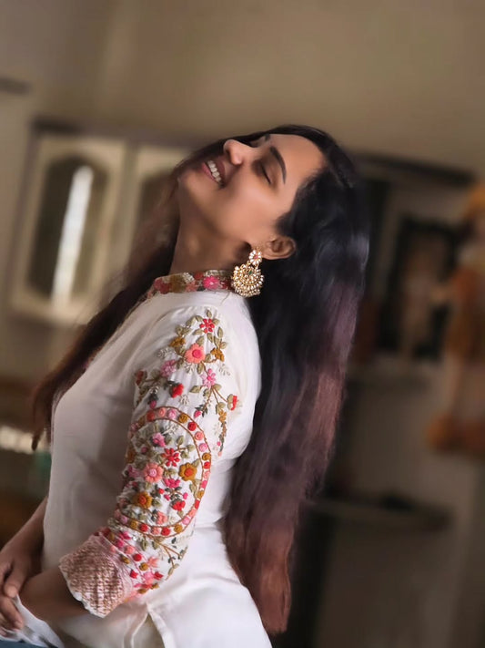 Russian Silk Hand-Embroidered white Ensemble