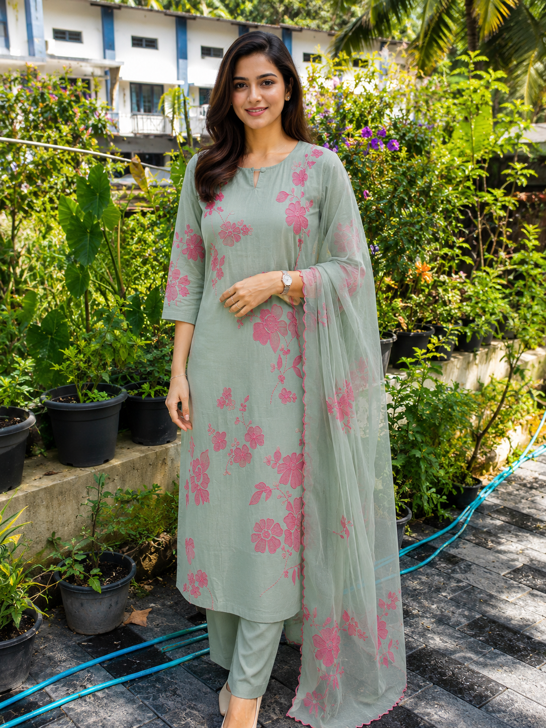 Premium Floral Appliqué Work Russian Silk 3-Piece Kurta Set | Elegant Kurta, Pant & Dupatta