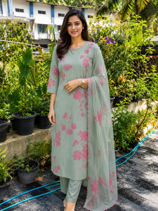 Premium Floral Appliqué Work Russian Silk 3-Piece Kurta Set | Elegant Kurta, Pant & Dupatta