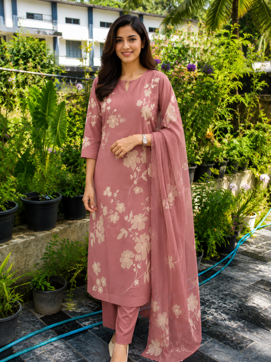 Premium Floral Appliqué Work Russian Silk 3-Piece Kurta Set | Elegant Kurta, Pant & Dupatta