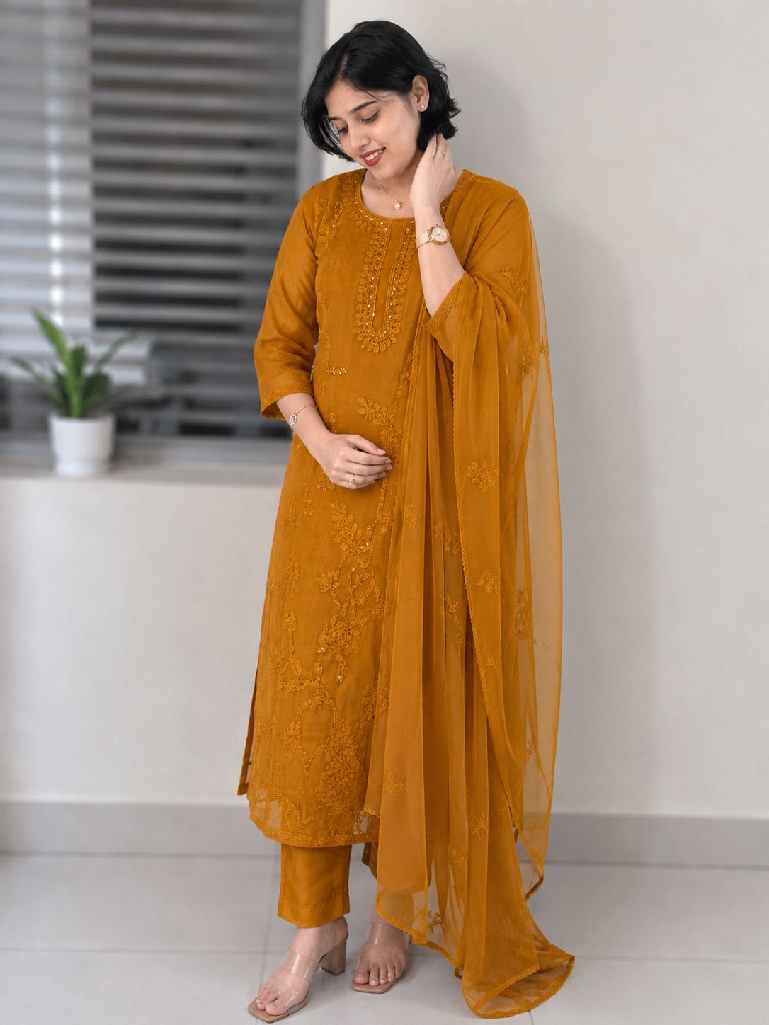 Premium Organza Thread Embroidered 3-Piece Set | Elegant Kurta, Pant & Organza Dupatta