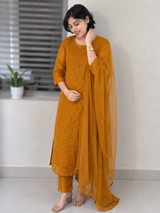 Premium Organza Thread Embroidered 3-Piece Set | Elegant Kurta, Pant & Organza Dupatta