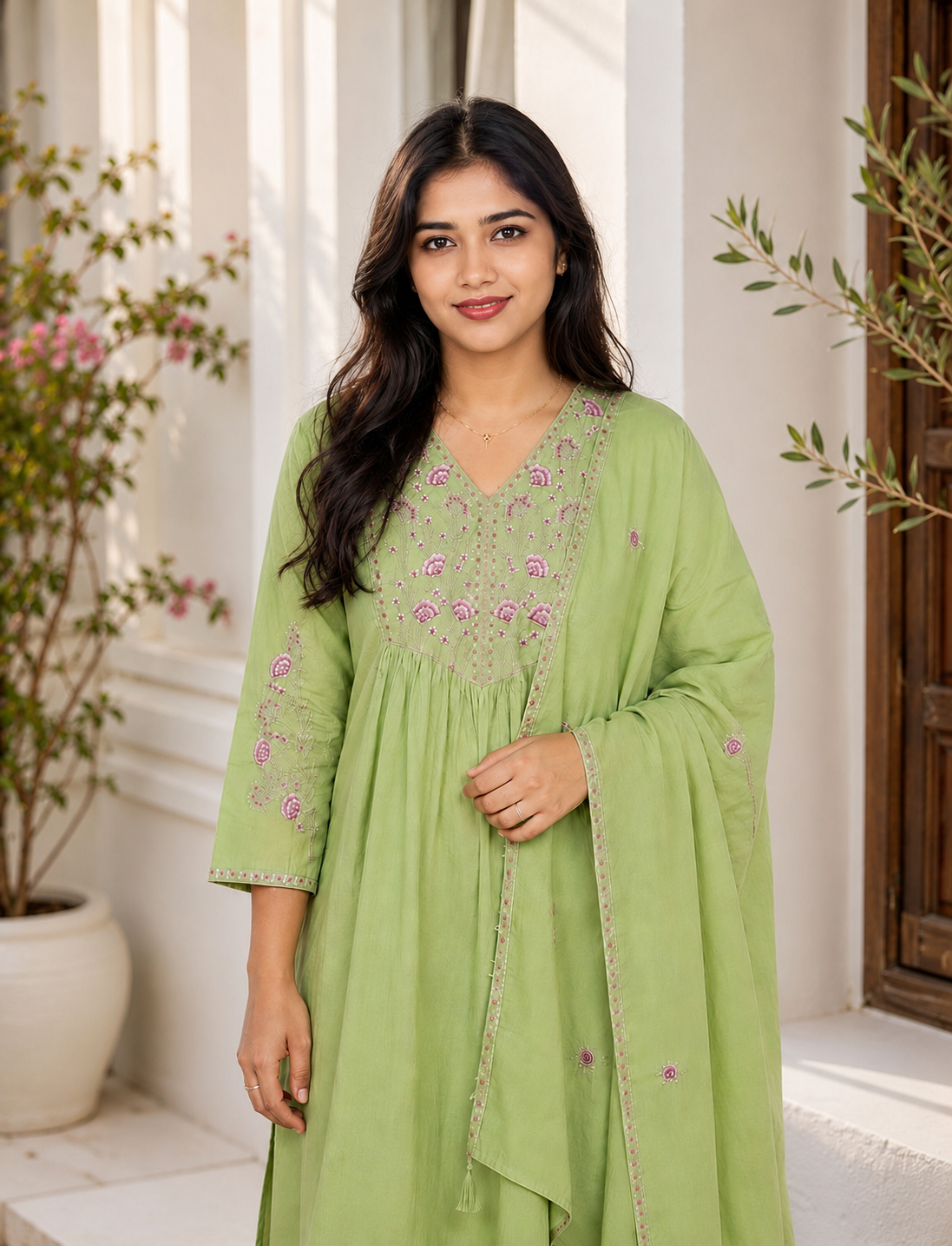 Premium Cotton V-Neck Embroidered 3-Piece Kurta Set | Elegant Kurta, Pant & Dupatta