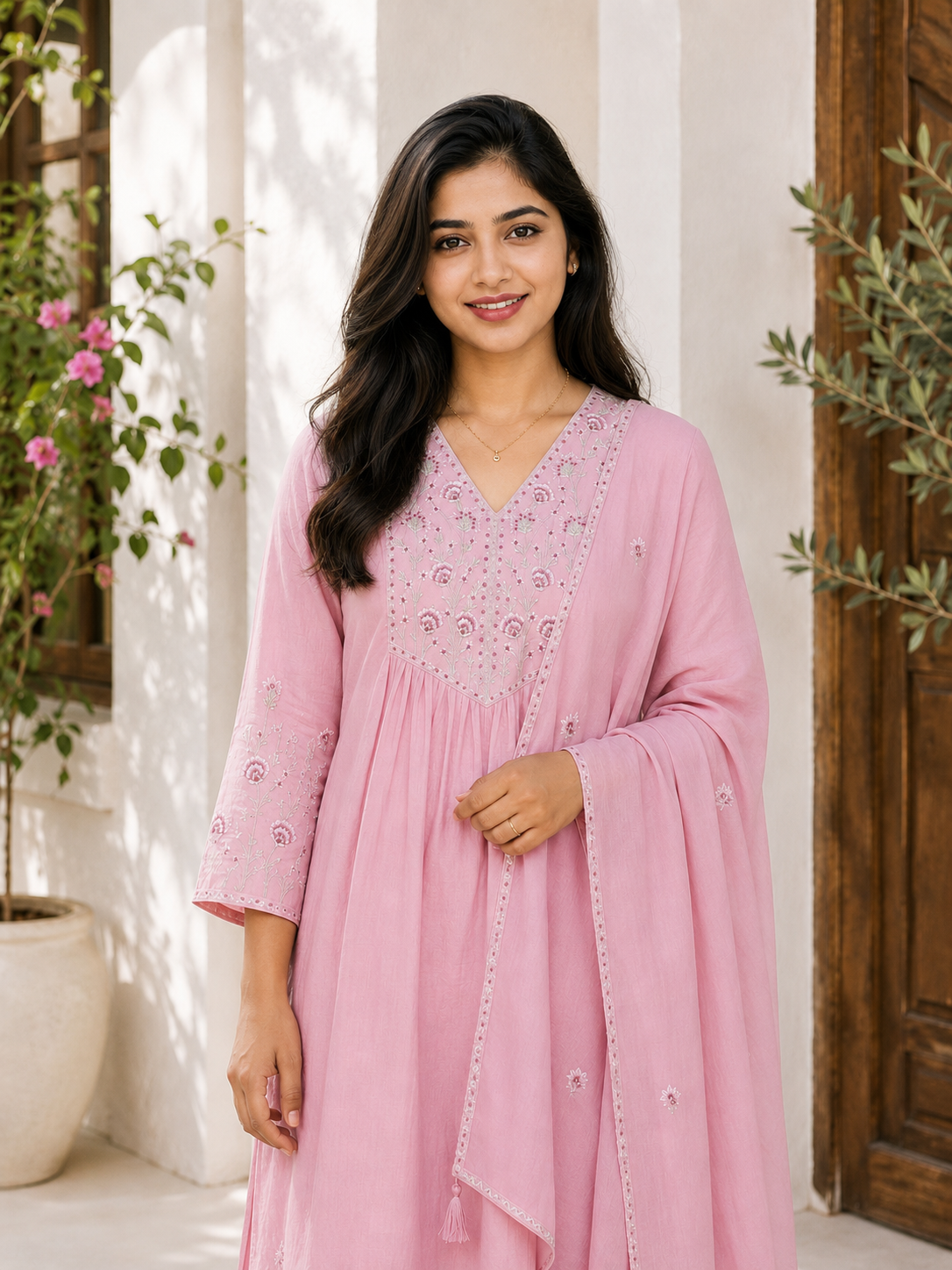 Premium Cotton V-Neck Embroidered 3-Piece Kurta Set | Elegant Kurta, Pant & Dupatta