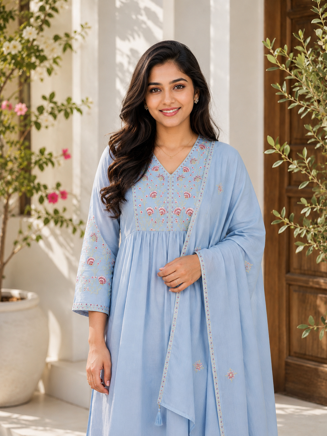 Premium Cotton V-Neck Embroidered 3-Piece Kurta Set | Elegant Kurta, Pant & Dupatta