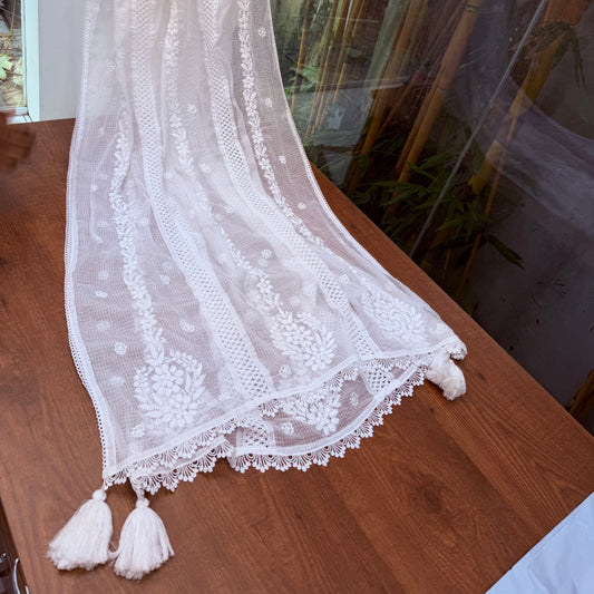 Premium Pure White Net Kota Chikankari Dupatta
