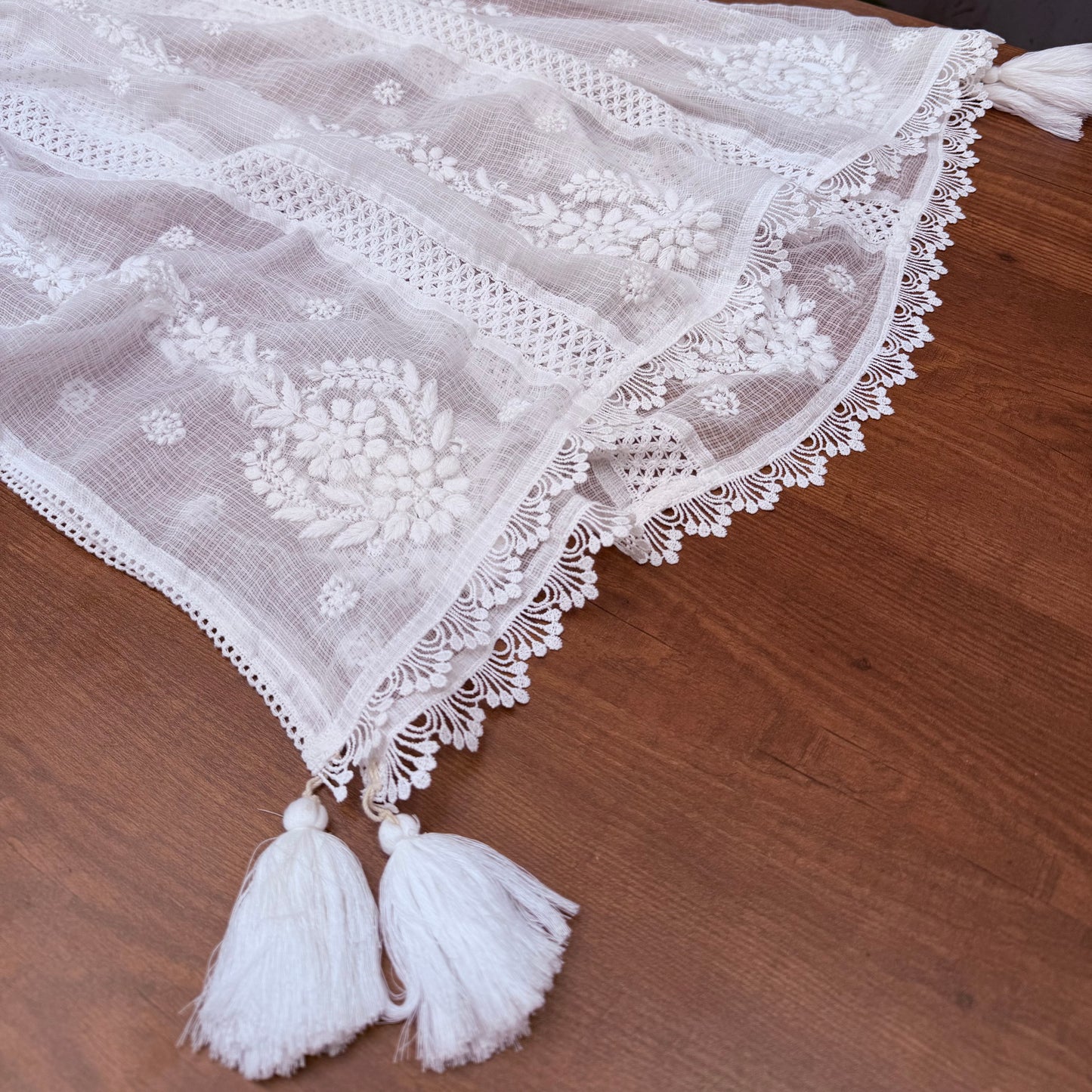 Premium Pure White Net Kota Chikankari Dupatta