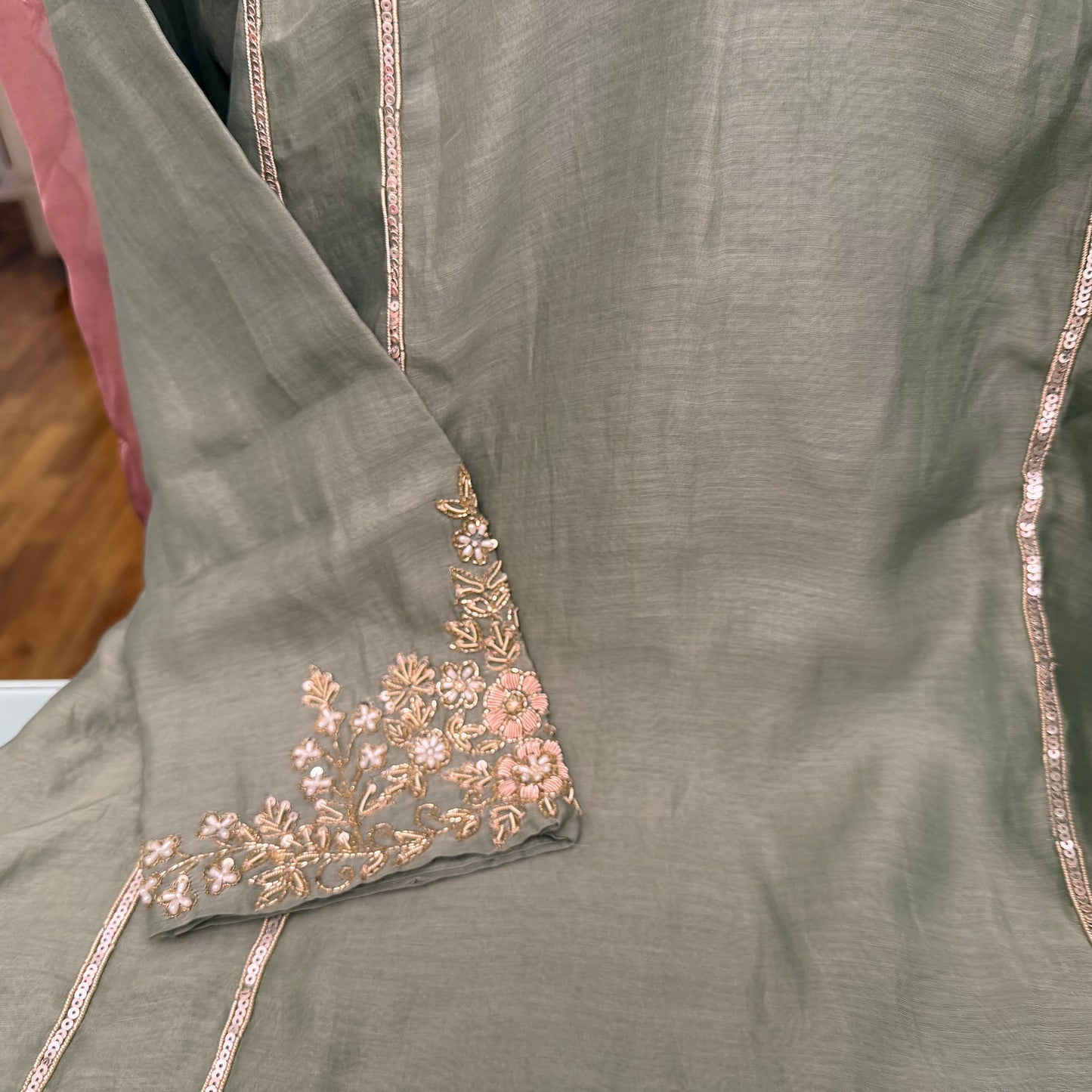 Mal Chanderi Pista Green 3 Piece Set with Sequin Hand Work