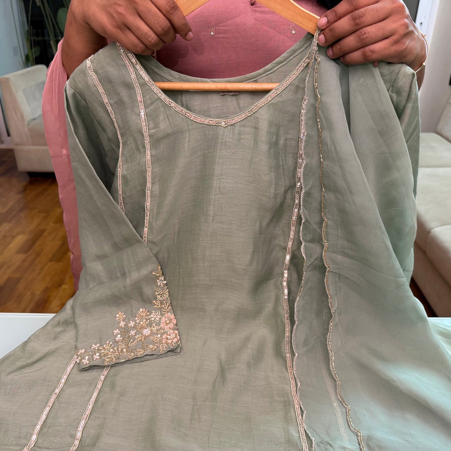Mal Chanderi Pista Green 3 Piece Set with Sequin Hand Work
