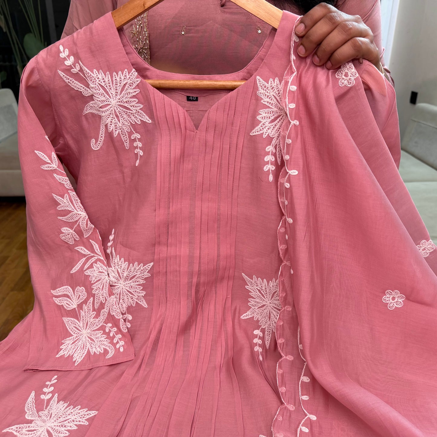 Elegant Pink Surat Chanderi Embroidered 3 Piece Salwar Set