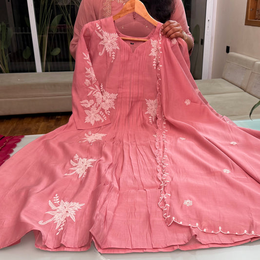 Elegant Pink Surat Chanderi Embroidered 3 Piece Salwar Set