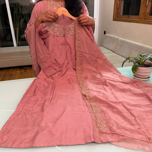 Russian Silk Mauve 3 Piece Set with Heavy Hand Embroidery