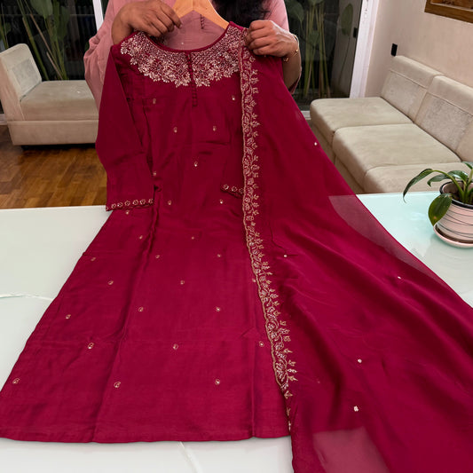 Russian Silk Wine 3 Piece Set with Heavy Hand Embroidery