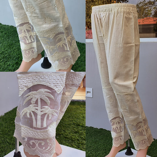 Women's Beige Khadi Cotton Bottom with Lace Detailing